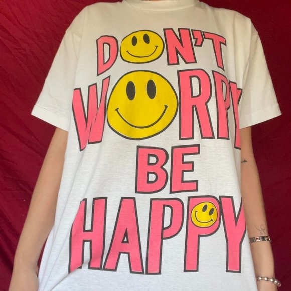 'DONT WORRY BE HAPPY' VNTG '80s/'90s SCREEN STARS BEST BLK LABEL - Picture 1 of 2